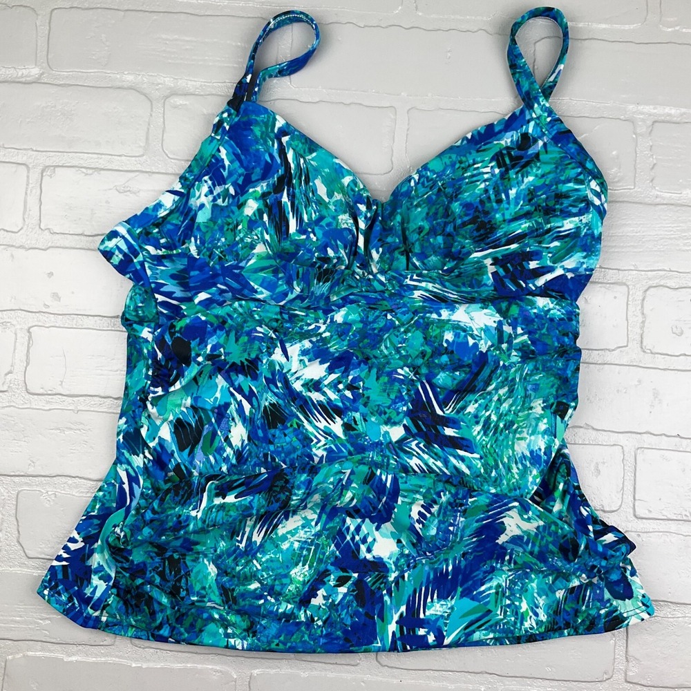 Trimshaper Swim Top Women Small Blue Green Tankini Tropical Pleat Ruched Pad Bra